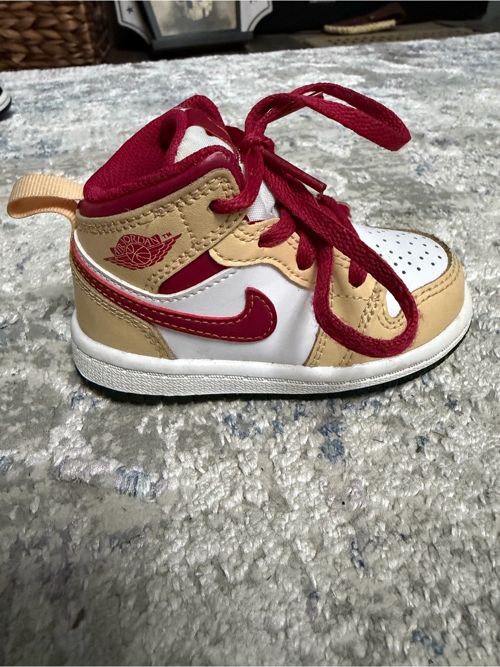Jordan Kids Mid-Top Sneakers in White, Tan & Deep Red